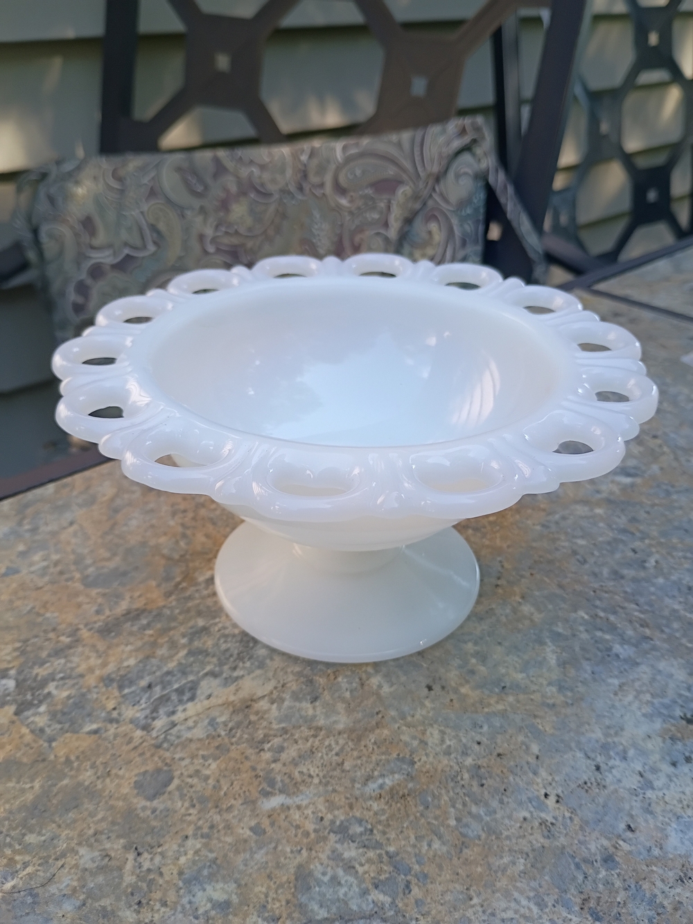 White Milk Glass Pedestal Bowl with Lace Rim